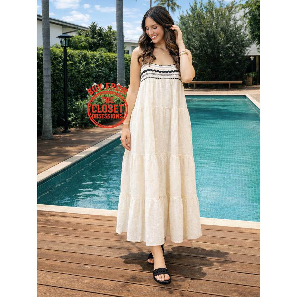 Zara NWT Cream Seersucker Cotton Tiered Midi Dress Lace Applique M - Picture 12 of 16